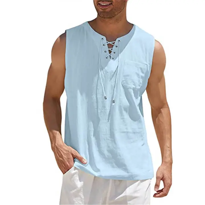 Camiseta Ligera De Verano Para Hombres Top Transpirable Estilo Casual Color Sólido Sin Mangas Con Cierre De Encaje Ropa - 1