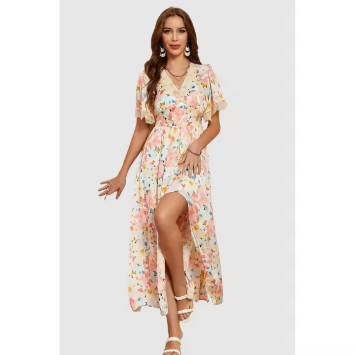 ANANY Vestido Largo Flores Estampado Floral Manga Corta Mariposa Cintura Ajustada Abertura Lateral - 1