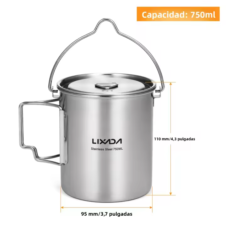 Lixada Taza De Acero Inoxidable 750ml Con Tapa Y Mango Plegable Portátil Para Cocinar Al Aire Libre Camping Senderismo Picnic - 1