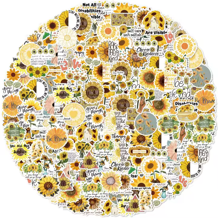 50pcs Pegatinas De PVC Impermeables Para Maleta Y Decoración De Cuaderno Taza Guitarra Clásica Con Diseño De Lenguaje De Girasol Tienda De Moto - 1