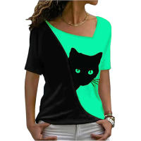 Blusa De Verano Para Mujer Estilo Nuevo Con Cuello Inclinado Y Estampado De Gato Negro Manga Corta Camiseta Casual De Polyester Y Spandex - details 8