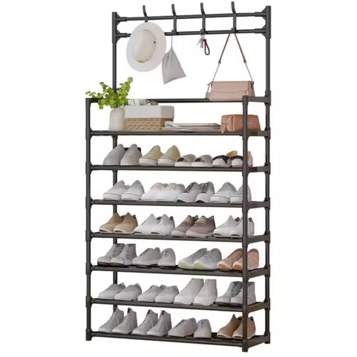 Zapatero, zapatero, zapatero, zapatero de entrada, zapatero de 7 niveles, zapatero con perchero, 80x26x165cm, negro - 1