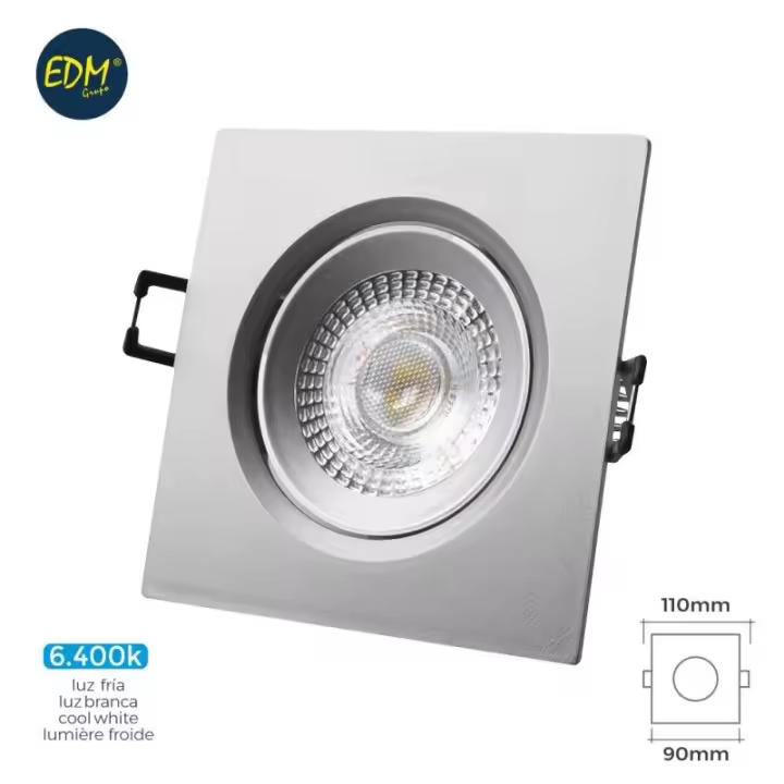 Edm Aro Led Empotrable 5W 380lm 6400K Cuadrado Cromo - Alta Luminosidad - 1