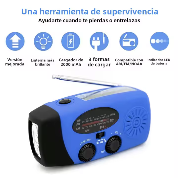 Radio De Emergencia Portátil Con Solar Y Manivela De Manivela 10000mAh Con LED Y Cargador USB Luz De Mano Recargable Para Clima NOAA AM FM - 1