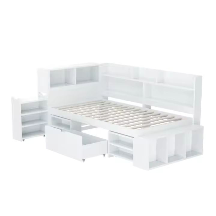 Cama Infantil Individual 90x200 cm Multifunción en Blanco - Con Cajones, Estantería y Armaro Integrados, Gran Capacidad de Almacenamiento, Estructura en Madera de Pino y Somier Robust-Sin Colchón Incluido - 1