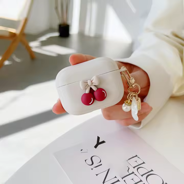 Estuche Retro Lindo Beige Con Ceréus Para Apple AirPods 1 2 3ra Generación Estuche Para AirPods pro Con Lanyard De Oso Y Ceréus Lujo - 1