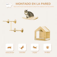 PawHut Estantes para Gatos de Pared 3 Piezas Juego de Estantes Escalada para Gatos con Caseta Hamaca Plataformas y Poste de Sisal Roble - details 0