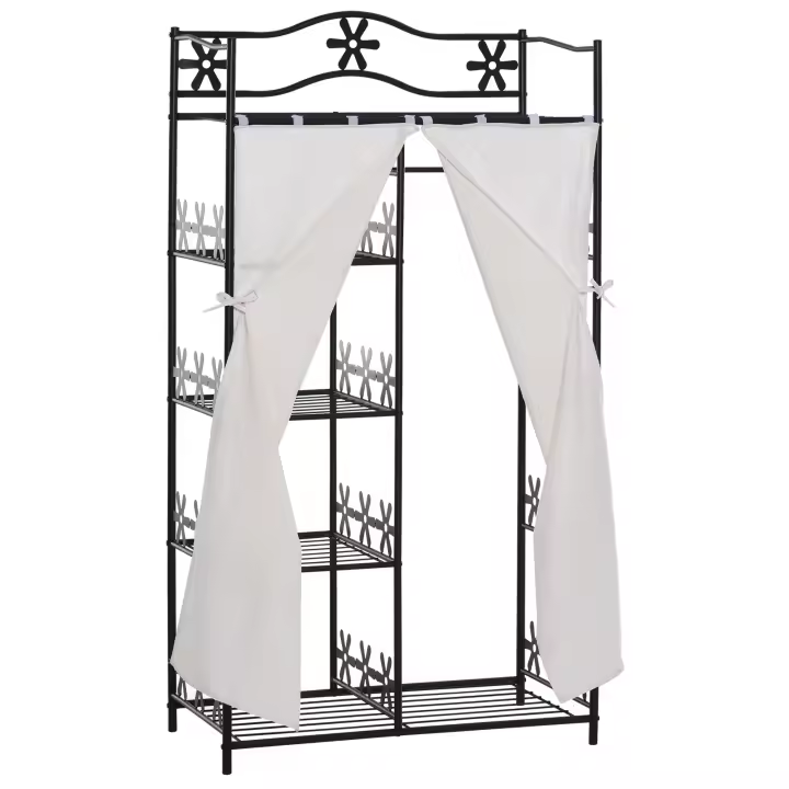 HOMCOM Armario Multi almacenaje 5 estantes 84L x 42W x 159H cm metal Negro Estampado de flores 2 cortinas Blanco - 1