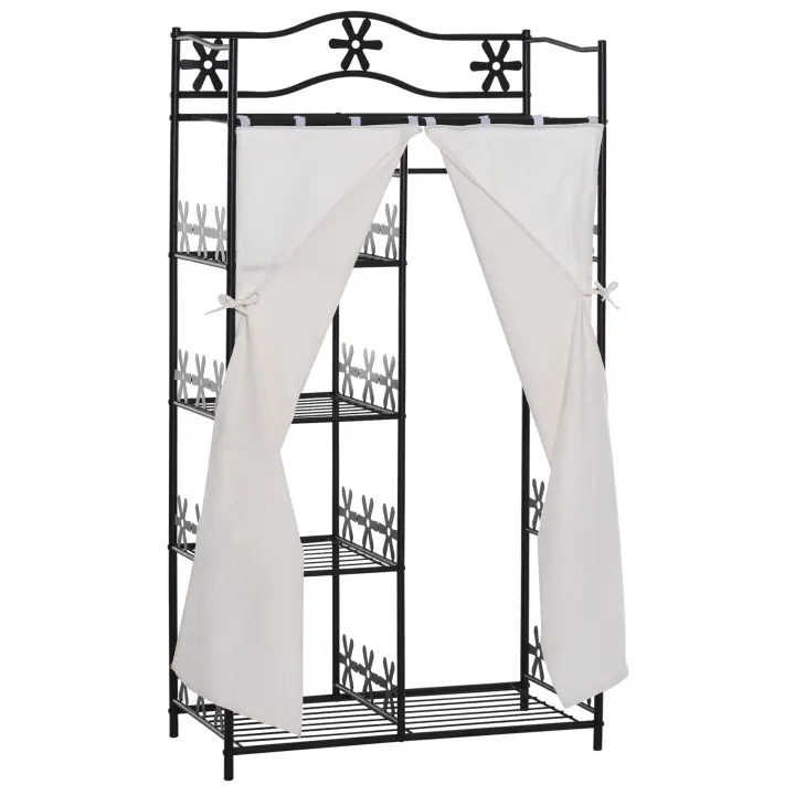 HOMCOM Armario Multi almacenaje 5 estantes 84L x 42W x 159H cm metal Negro Estampado de flores 2 cortinas Blanco - 1