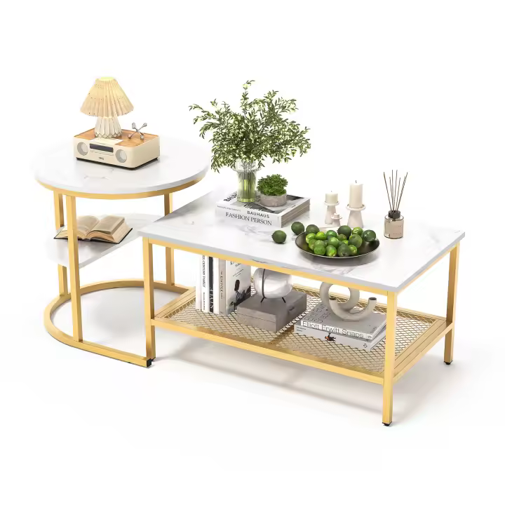 Set de Mesas de Centro Modernas Doradas con Estante, Tablero Efecto Mármol Blanco, Mesa de Café Rectangular + Mesa Auxiliar Redonda, Diseño Nido para Salón - 1