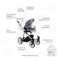 Carrito Montes Blanco Glitter Plata 2 piezas AdaBaby, Dos piezas: capazo y silleta, Bolso, cobertura de lluvia, mosquitera, botellero y cubrepiés, Silleta hasta 22kg, plegable con el chasis en ambos sentidos, Tejidos de ecopiel y capotas de brillo - details 1