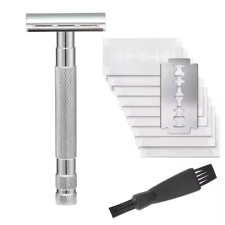 Afeitadora De Seguridad Con Doble Faja Larga Mango Acero Inoxidable Cuchillas Tradicional 3 Piezas Reduce La Picazón Suave Para Hombre - 1