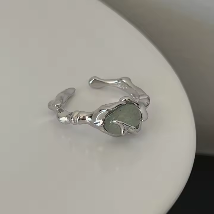 Anillo De Bambú Jade Hetian Láceo Platinado En Plata Ley 925 Para Mujer Y Niña Regalo Joyería Vintage Irregular - 1