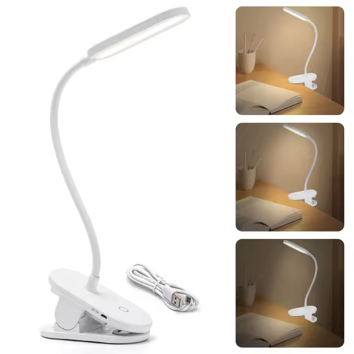 Aigostar Luz Lectura,Lámpara Lectura Pinza con 360° Brazo Flexible Regulable, Luz de Cama con Clip,3 Modos,Recargable Usb Flexo Led Escritorio 4000K Protección Ojos Colors Para Leer, Trabajar,Blanco - 1