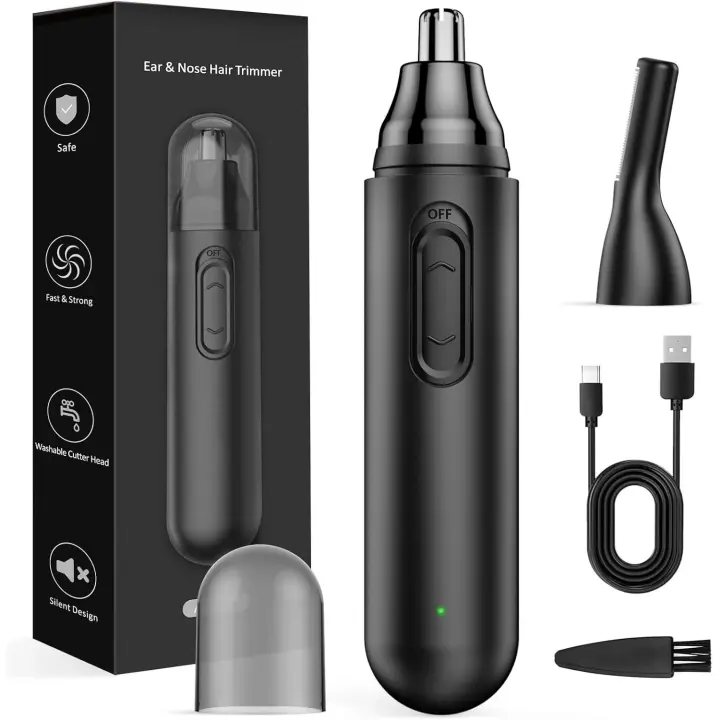 Recortador de vello nasal recargable (actualizado 2024) para hombres: cuchillas de doble filo indoloras, resistente al agua IPX7, recortador de cejas y vello facial para una limpieza fácil (negro) - 1