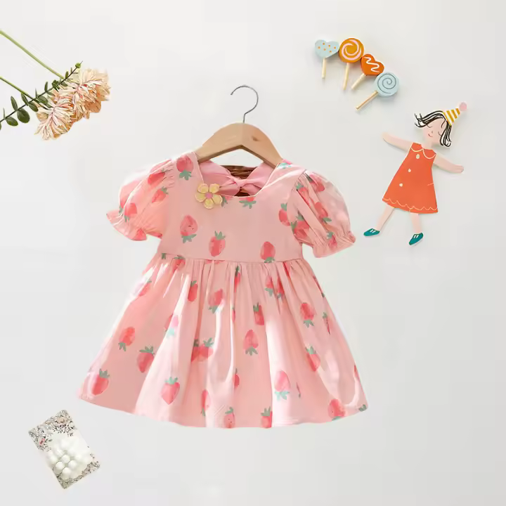 Vestido De Princesa Para Bebé Niña Verano Con Estampado De Fresa Manga Bola Algodón Corto Vestido De Fiesta Para Niñas (0-3 Años) - 1