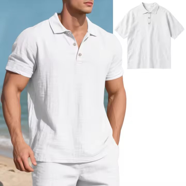 MOV-Camisa POLO de manga corta con solapa y botones, informal, de lino, transpirable, estilo británico, de verano para hombre - 1