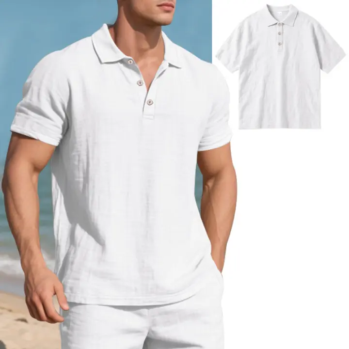 MOV-Camisa POLO de manga corta con solapa y botones, informal, de lino, transpirable, estilo británico, de verano para hombre - 1