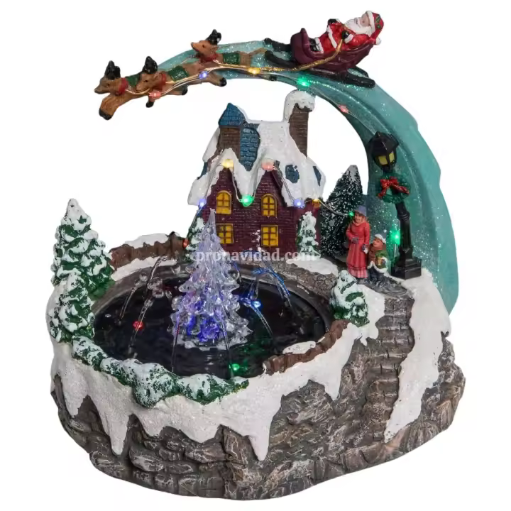 XOCOTŌ® Escena de navidad "Peterhof" Pueblo de navidad luminoso con Fuente, árbol y Papá-Noel con renos  25x19x21 cm - 1