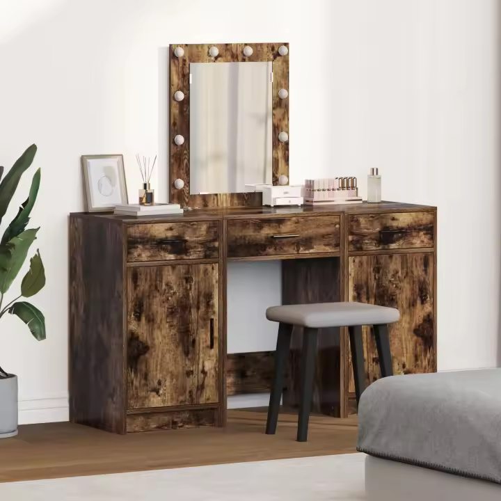 Set de tocador de 3 piezas vidaXL con LEDs en madera de roble ahumado - 1