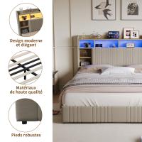 Cama de matrimonio 140x200 cm tapizada en lino beige con cajones, LED RGB, cabecero con almacenaje y carga USB-C - details 1