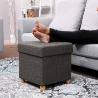Taburete reposapiés cuadrado con almacenamiento y tapizado capitoné, patas de madera maciza, asiento acolchado de espuma, disponible en gris oscuro, gris claro y azul marino - details 13