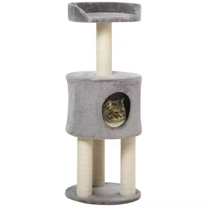 PawHut Rascador para gatos, árbol para trepar de sisal natural, altura 103 cm, plataforma de felpa, color gris - 1