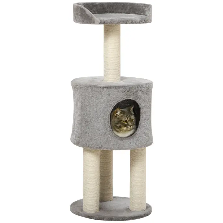 PawHut Rascador para gatos, árbol para trepar de sisal natural, altura 103 cm, plataforma de felpa, color gris - 1