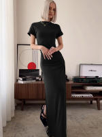 Vestido Maxi Bodycon Dulzura Con Cuello En 'O' Manga Corta Y Abertura En El Lado Elegante Y Ajustado Para Mujer Streetwear Otoño Invierno - details 17