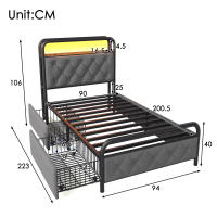 Cama 90x200CM Somier Y 2 cajones, tercipelto (colchón no incluido) APP-CONTROL individual con función de carga USB Tipo C LED Somier Metálico - details 10