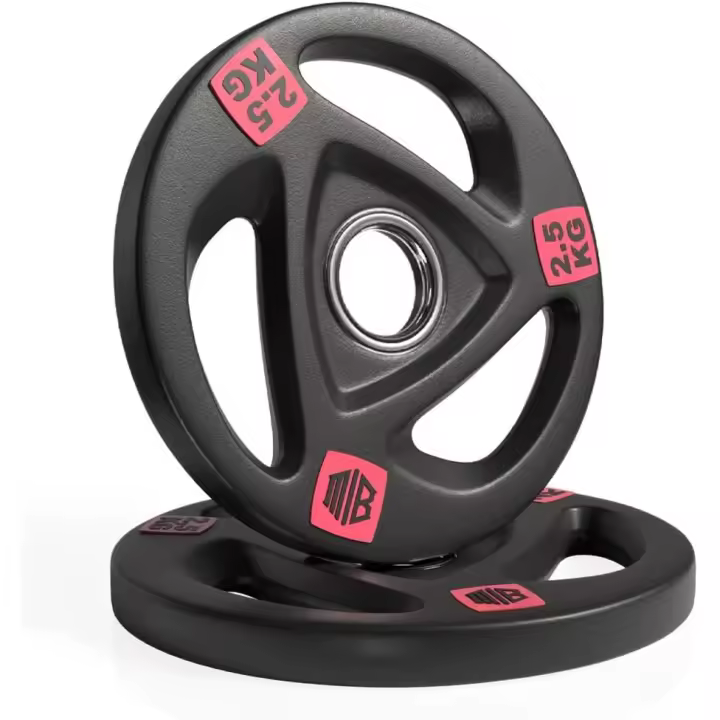 ManiBoom Discos Pesas Hierro ENGOMADO 30mm y 50mm Olimpica con Anillo Interior de Acero y Triple Agarre ERGONOMICO - Disco para Barra o Mancuernas 2,5kg, 5kg, 10kg, 15kg, 20kg - 1
