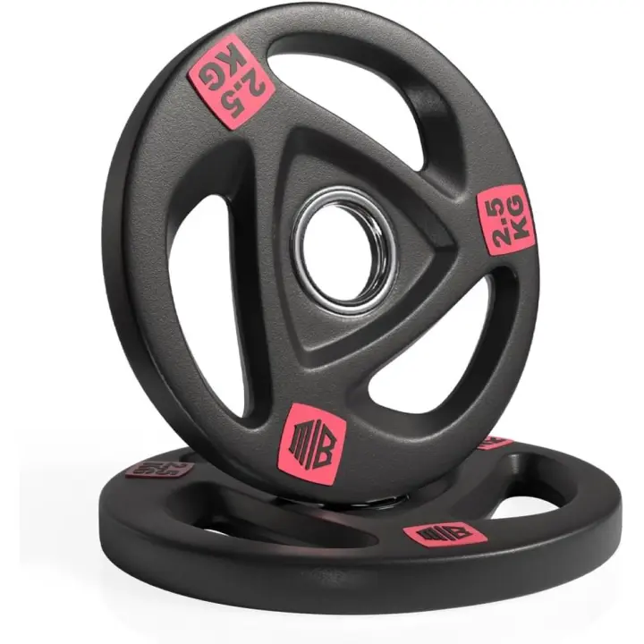 ManiBoom Discos Pesas Hierro ENGOMADO 30mm y 50mm Olimpica con Anillo Interior de Acero y Triple Agarre ERGONOMICO - Disco para Barra o Mancuernas 2,5kg, 5kg, 10kg, 15kg, 20kg - 1