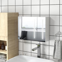 kleankin Armario con Espejo de Baño con Luz LED Mueble de Pared Colgante con 3 Puertas Estantes Ajustables Interruptor Táctil y USB 90x15x70 cm Blanco Brillante - details 1