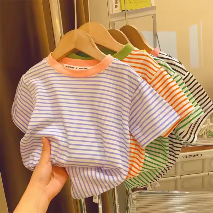 Camiseta De Verano Para Niños Y Niñas Algodón Casual Estilo Corto Transpirable Tops Striped Unisex Talla True Summer - 1