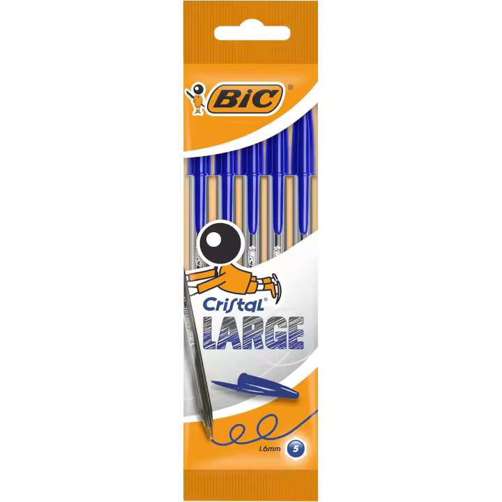 BIC Cristal Large Bolígrafos Punta Ancha (1,6 mm) - Azul, Blíster de 5 Unidades - 1