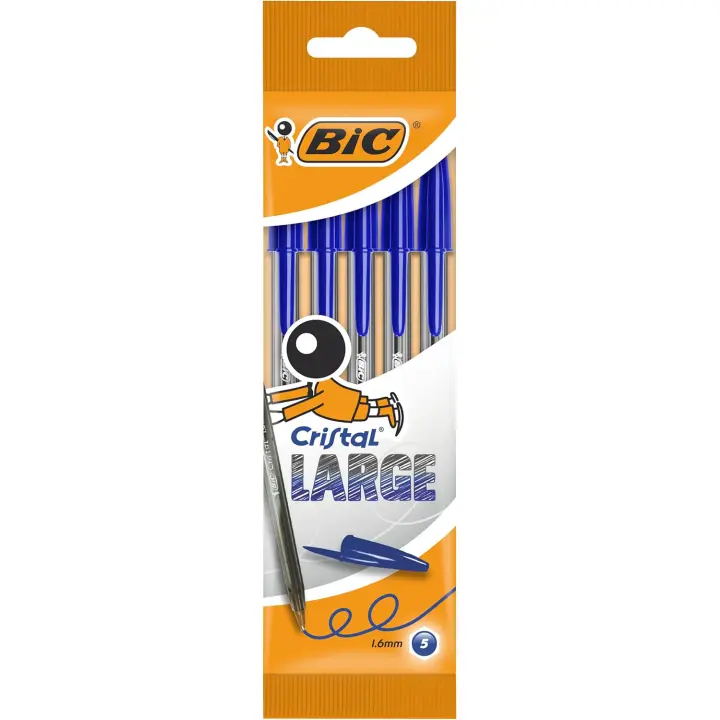 BIC Cristal Large Bolígrafos Punta Ancha (1,6 mm) - Azul, Blíster de 5 Unidades - 1