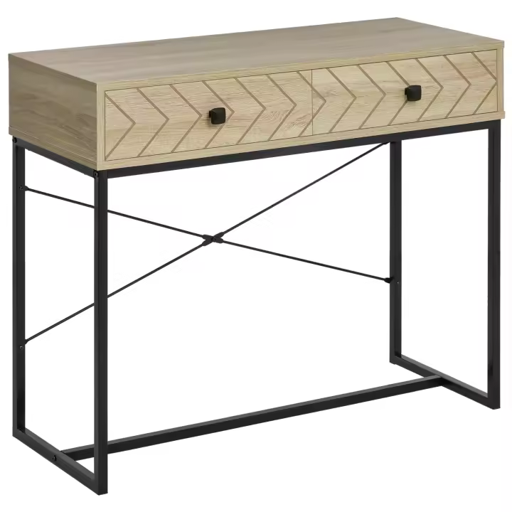 HOMCOM Mesa de Consola 90x35x76 cm Mesa de Entrada con 2 Cajones de Almacenamiento Decorativos y Estructura de Metal para Recibidor Pasillo Salón Color Natural - 1