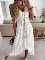 Vestido Bohemio Elegante De Mujer Con Encaje Y Diseño De Hombros Delgados Vestido De Verano Con Broche De Flor A-Line Midi Pullover Sin Mangas V-Neck - details 5