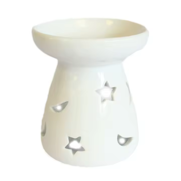 Viva Esencia Quemador de Aceites Esenciales Cerámico Blanco Clásico con Lunas y Estrellas – Ideal para Aromaterapia, Ceras de Soja o Aceites Naturales – Decoración Armónica, Regalo Espiritual y Ritual de Bienestar – AW Artisan Responsable en Europa - 1