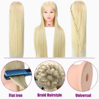 Cabeza peluquería Rubia 30 "76cm con pelo para entrenamiento o aprendizaje, práctica de estilismo, abrazadera trenzada, peluquería profesional, peinados. Cabeza de peluquería. Pelo RUBIO sintético. Distribuido por DistriLocu - details 2