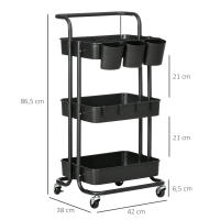HOMCOM Carro Auxiliar con Ruedas Carrito de Almacenamiento de 3 Niveles con Asa 3 Cajas Colgantes y 4 Ganchos para Salón Comedor Cocina Baño 42x38x86,5 cm Blanco/Negro - details 2