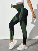 Leggings De Yoga Sin Costuras Para Mujer High Waisted Color Block Suaves Y Elásticas Transpirables Levantamiento De Glúteos Gimnasio Deportes Pantalones De Ejercicio - details 4