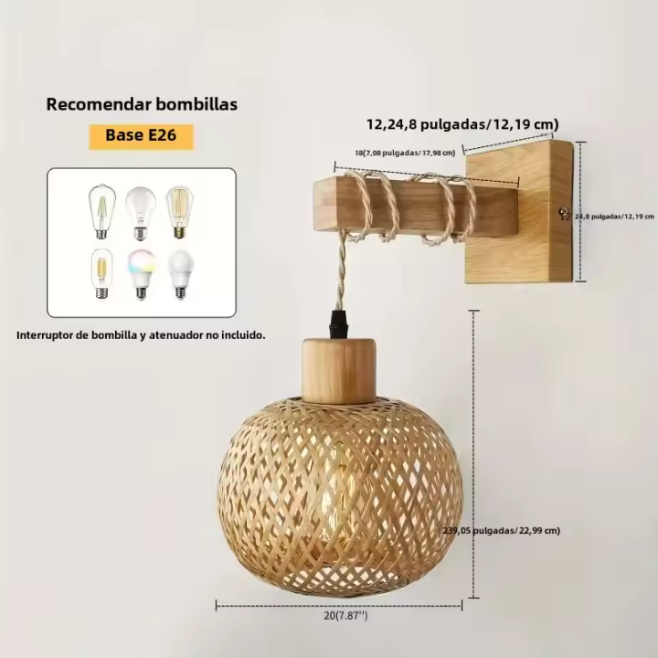 Sconce De Pared Hecho a Mano En Bambú Con Cordón De Enchufe - Iluminación Bohemia Rústica Para Dormitorio Espacios Comerciales Lámpara Vintage - 1