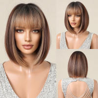 Pelucas Sintéticas Ombre Marrón Claro Para Mujeres Cortas Rectas Bob Con Bangs Peluca Química Resistente Para Cosplay Y Uso Diario Textura Natural Capa Promedio Densidad 130% - details 13