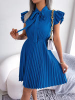 Vestido Elegante De Mujer Con Cintura Alta Y Volantes Para Primavera Y Verano Estilo Casual Collar Con Lazo Cuello Alto Y Mangas Batwing - details 5