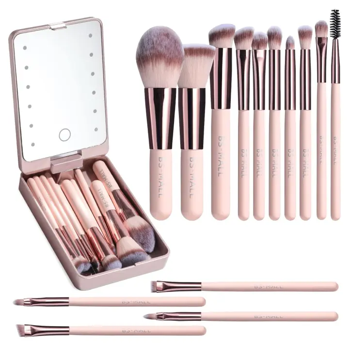 Juego de brozas de maquillaje de viaje, base en Polvo, correctores, Sombras de ojos, juego de maquillaje with Espejo de Luz LED, 14 piezas MINI brozas de maquillaje (APINK) - 1