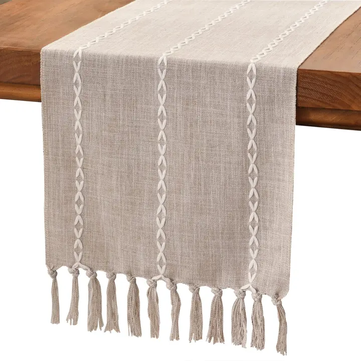 Camino de mesa de lino y algodón estilo rústico, 180 cm, con borlas hechas a mano para fiestas, decoración de comedor, mesa de postres (180 cm) - 1