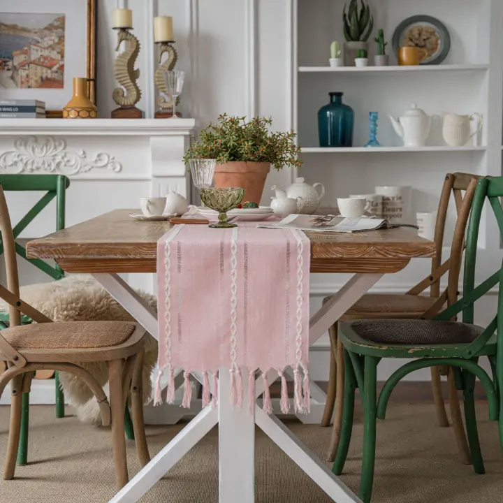 Mantel de Algodón y Lino con Borla Hecha a Mano - Estilo Granja - Decoración para Fiestas y Restaurantes - Color Rosa - 1