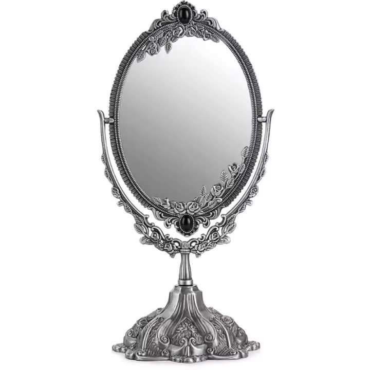 Espejo de maquillaje, espejo decorativo vintage ovalado y espejo de doble cara (plateado) - 1