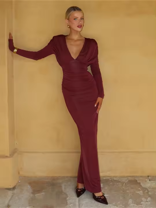 Vestido Elegante De Noche Para Mujer Sisterlinda Estilo Otoño Con Cuello En V Manga Larga Elegante Y Ajustado Maxi Bodycon - 1